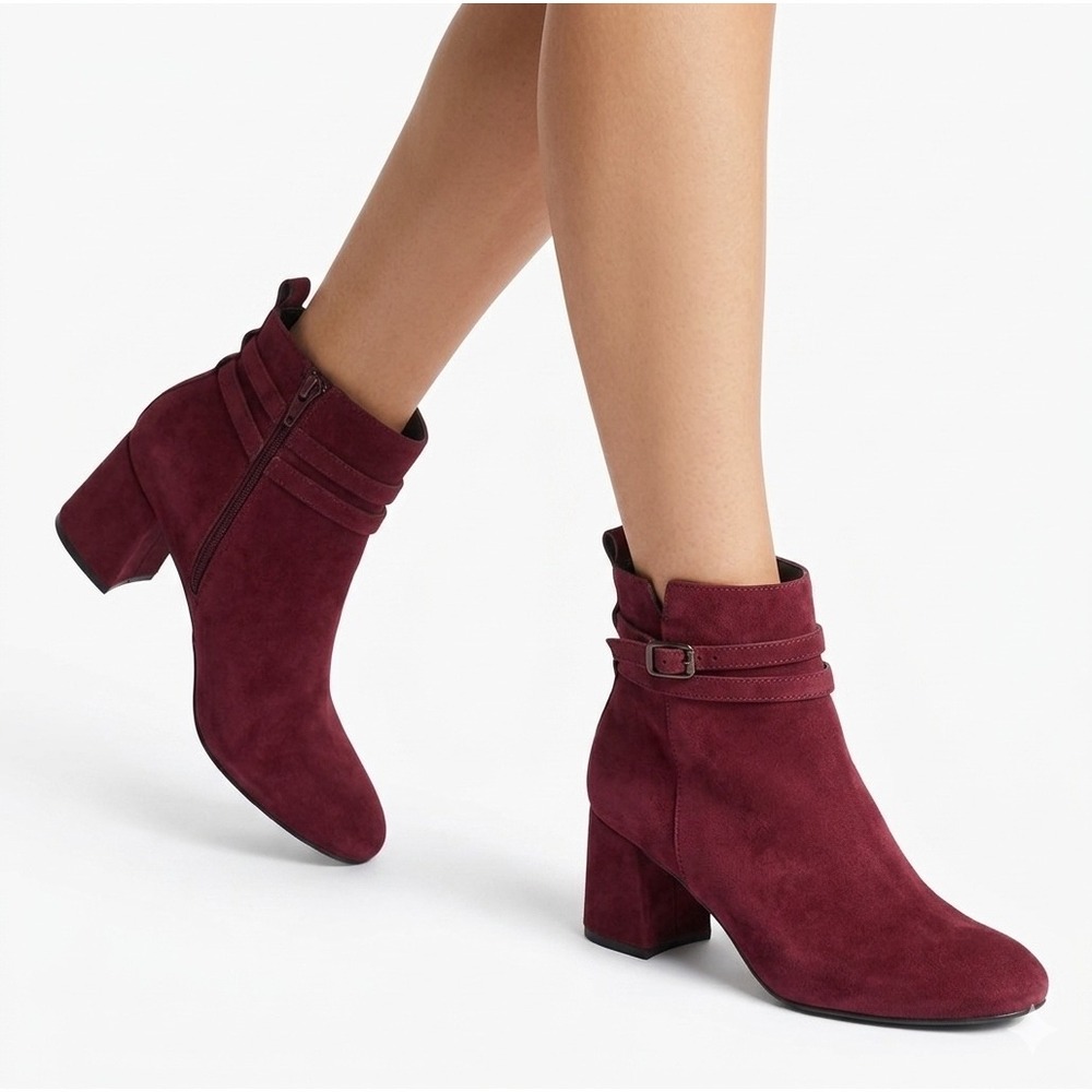 Paul Green Burgundy Suede Ankle Boots Block Heel Buckle Strap Zipper Size 7 US‎
